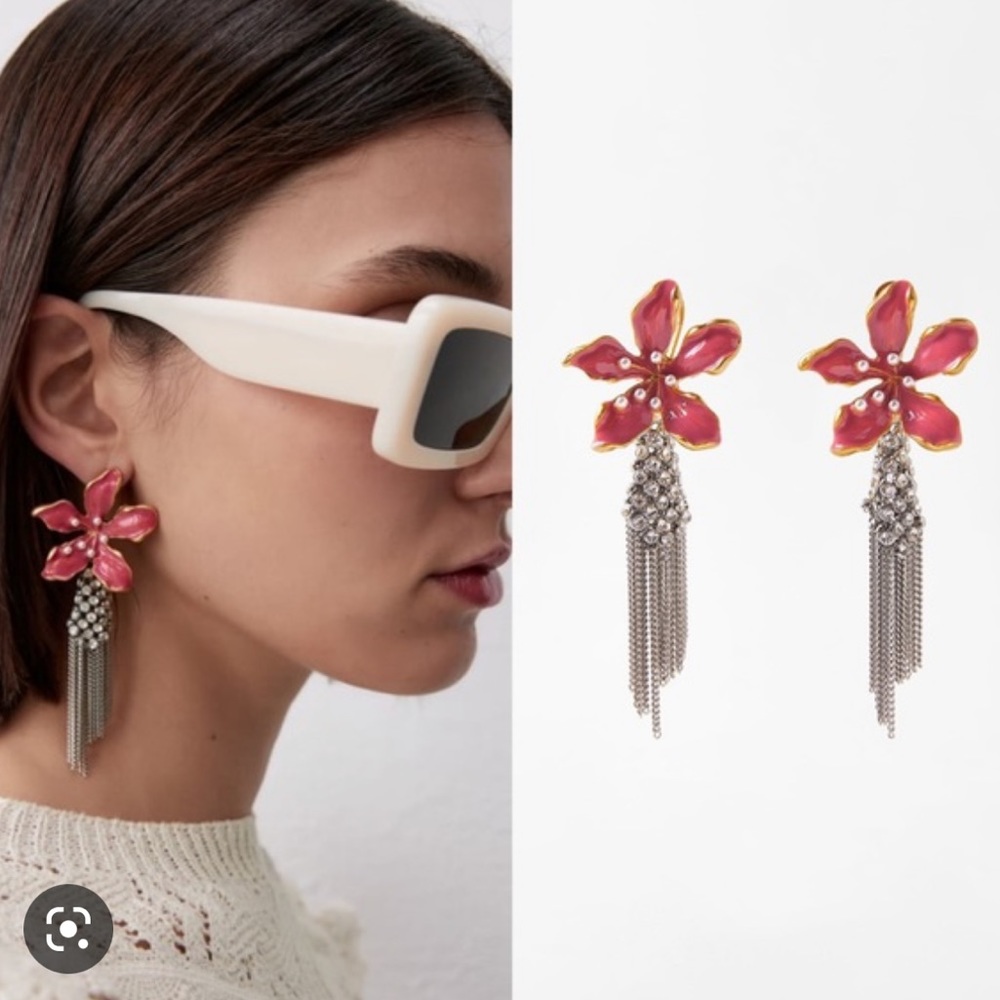 NEW zara sparkle red pink floral earrings